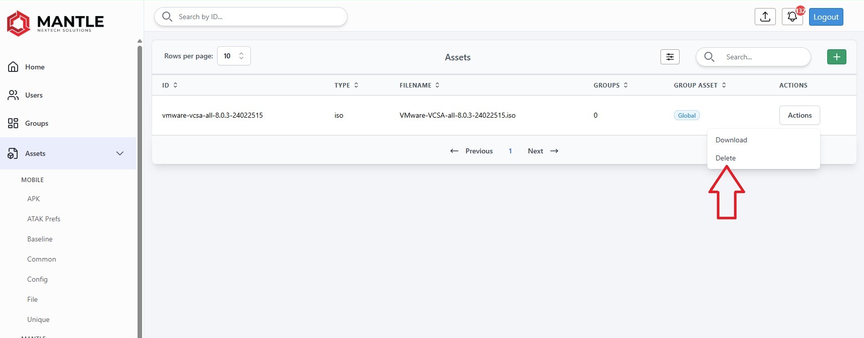 Delete action in dropdown