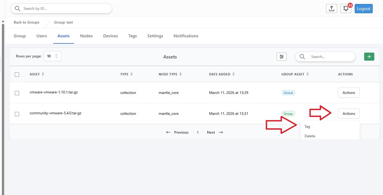 Asset action menu with tag option