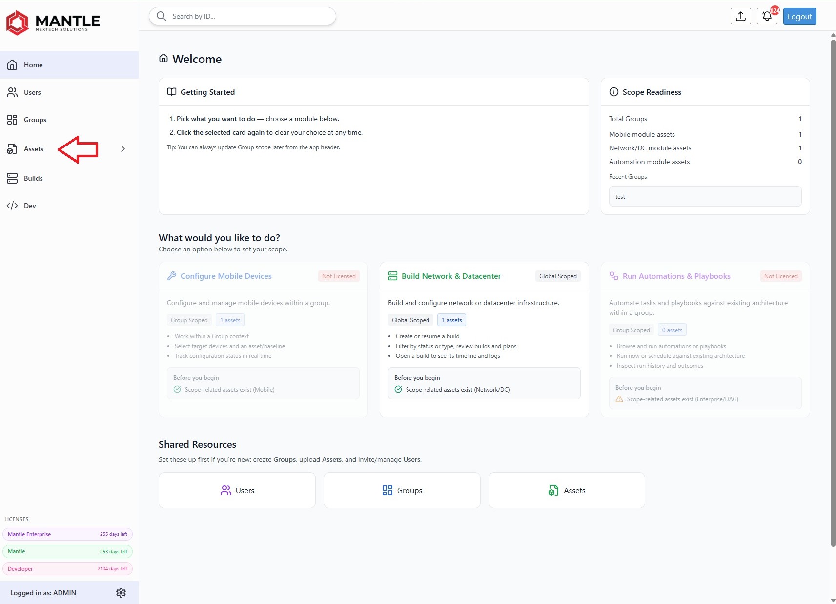 Assets category in left nav