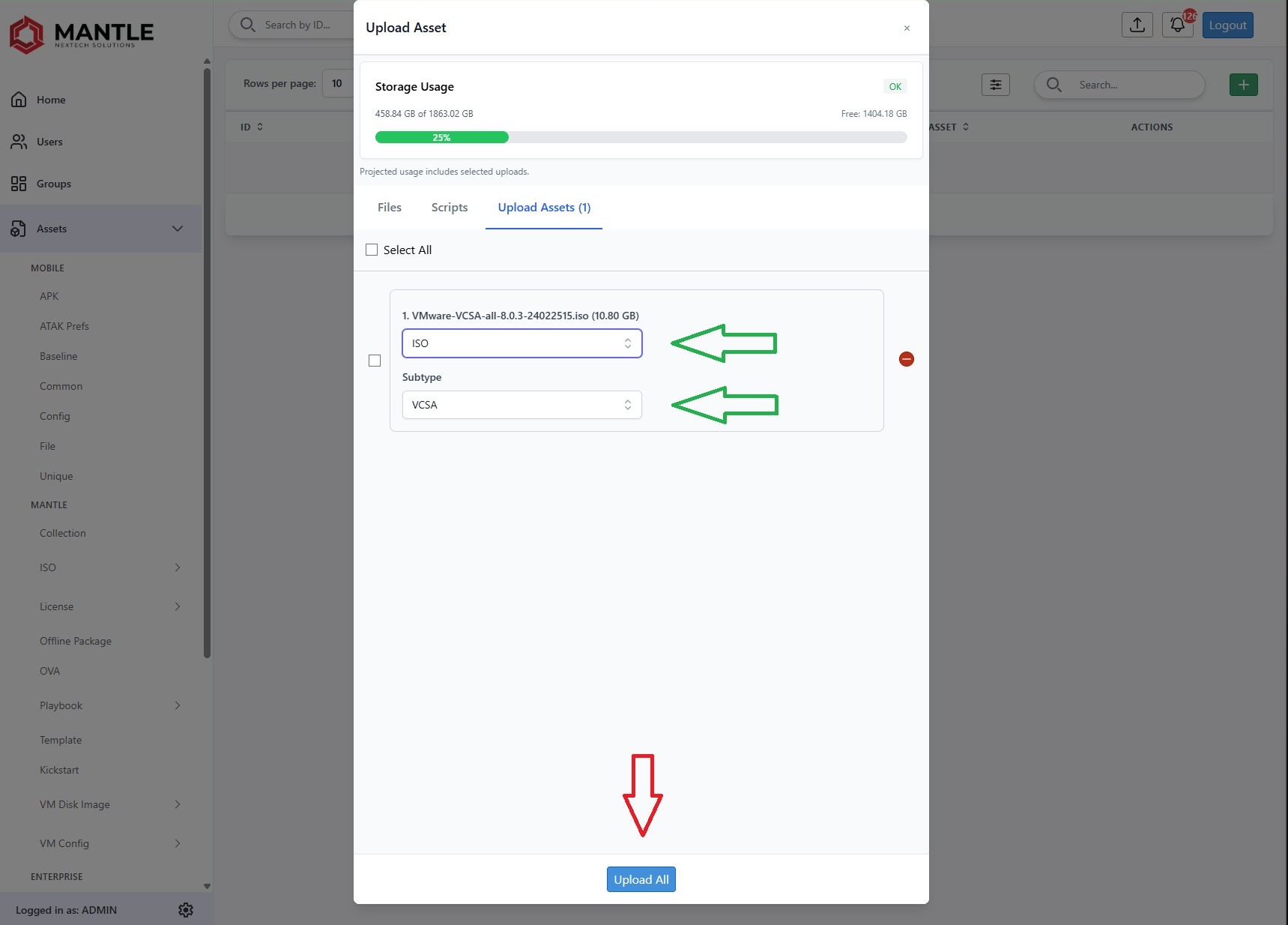 Asset type and subtype selection