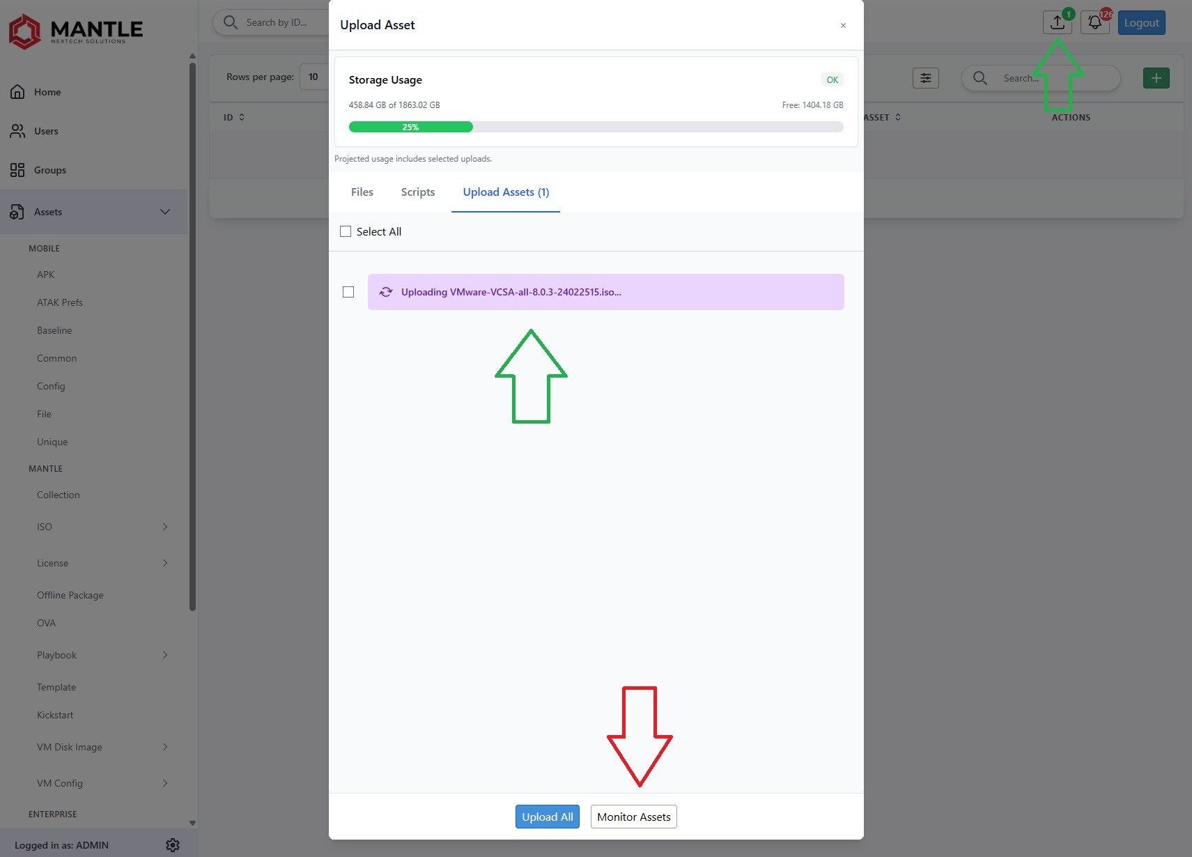 Monitor assets button