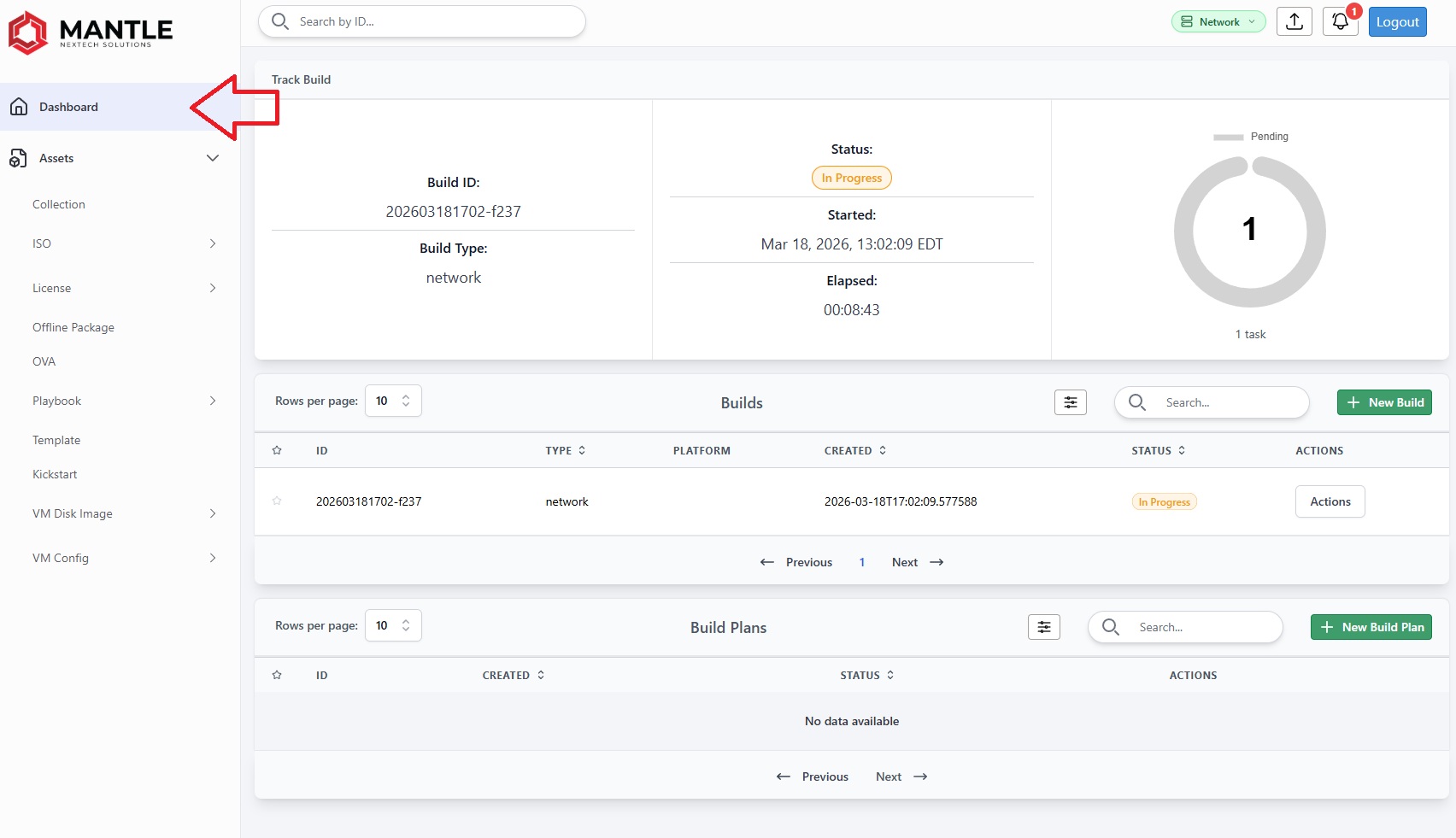 Dashboard showing track build status and the list of builds