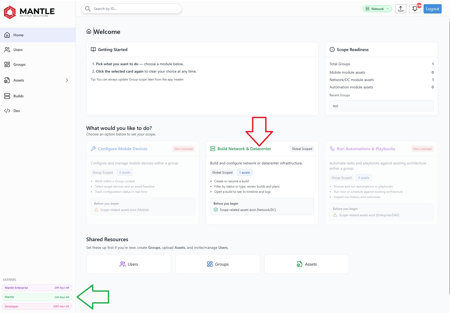 Build Network and Datacenter entry point on the Home page
