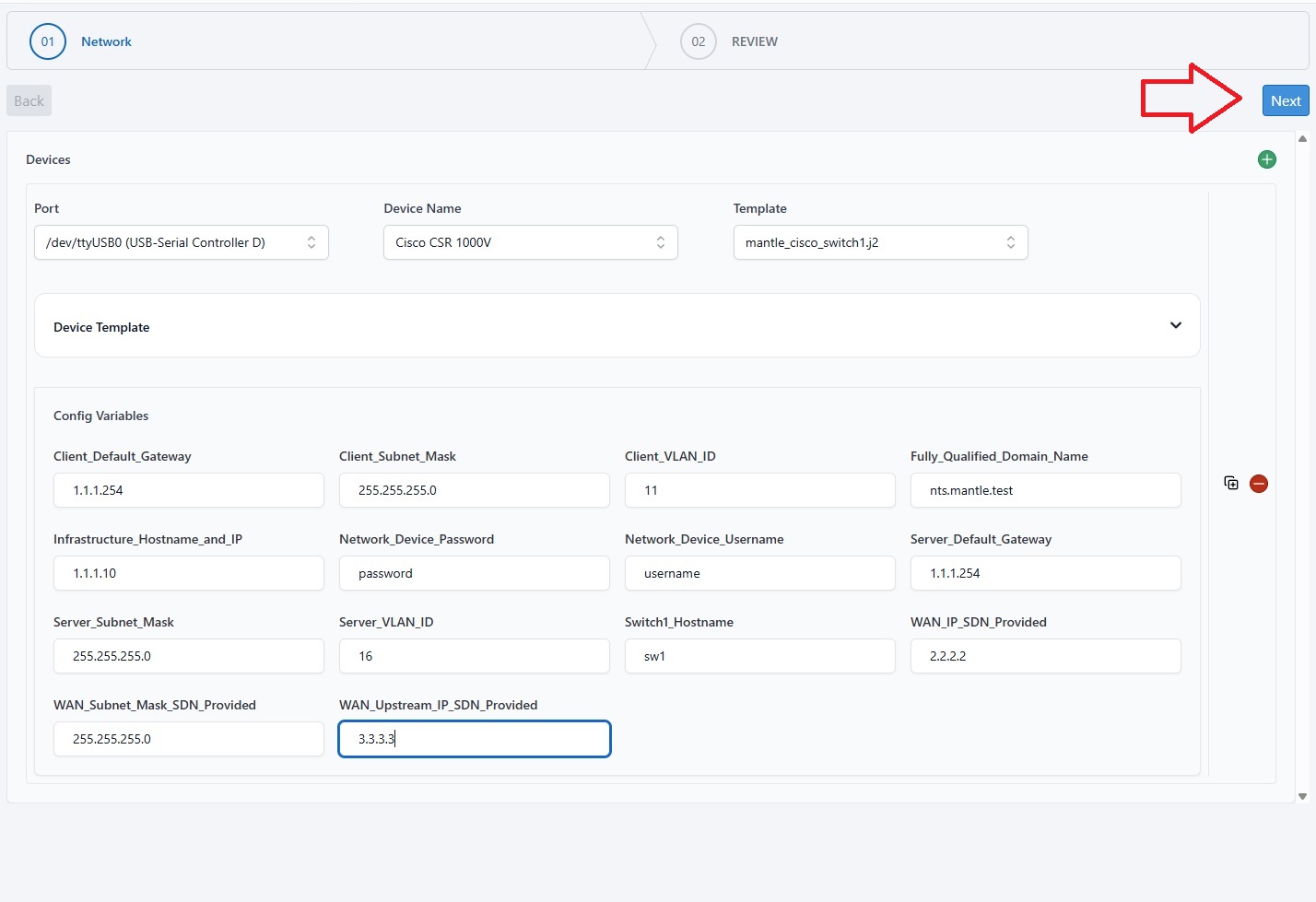 Completed network build configuration variables