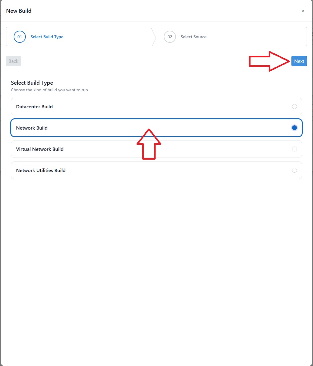 Selecting Network Build from the build type list