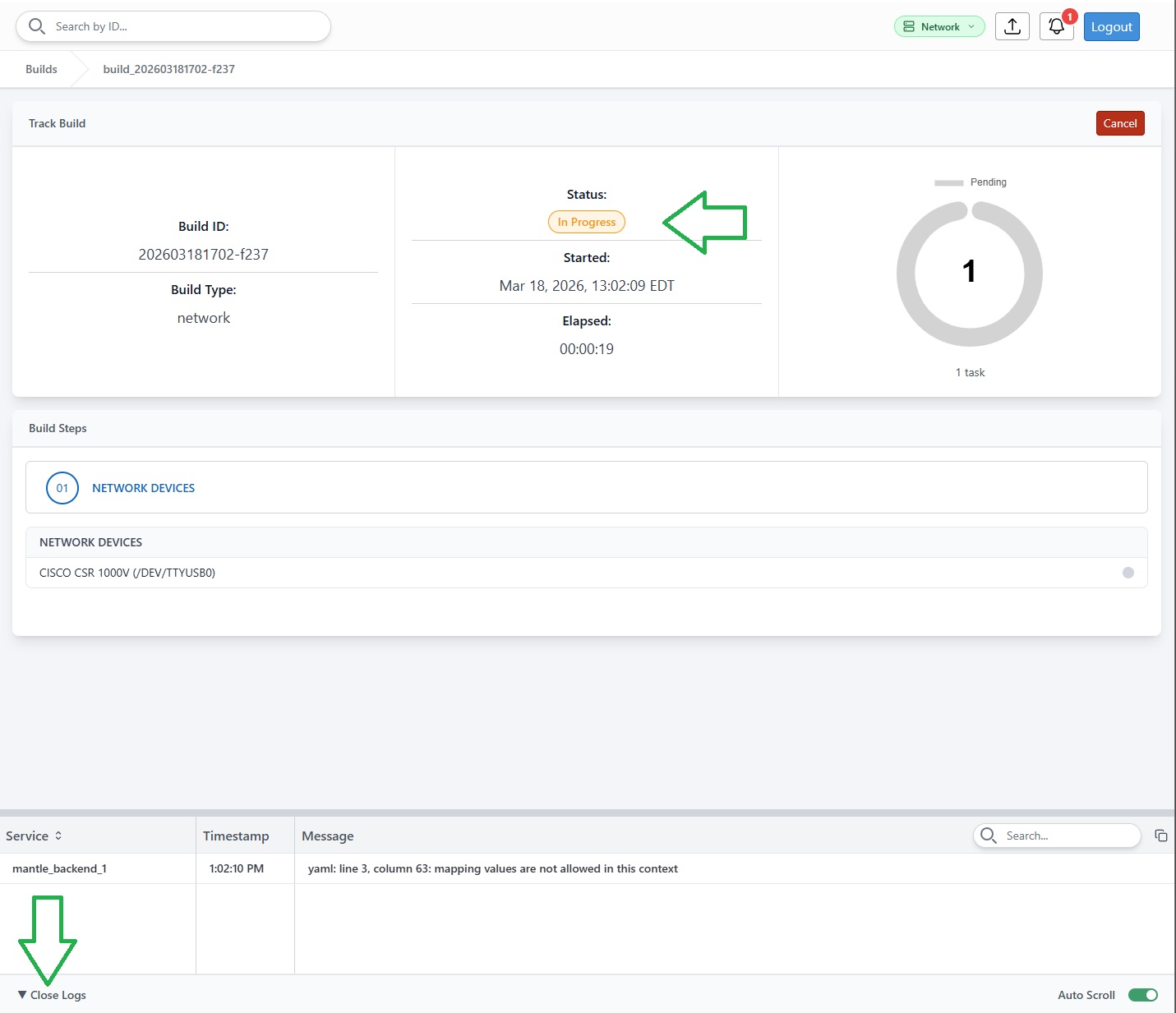 Track Build page showing deployment progress and logs