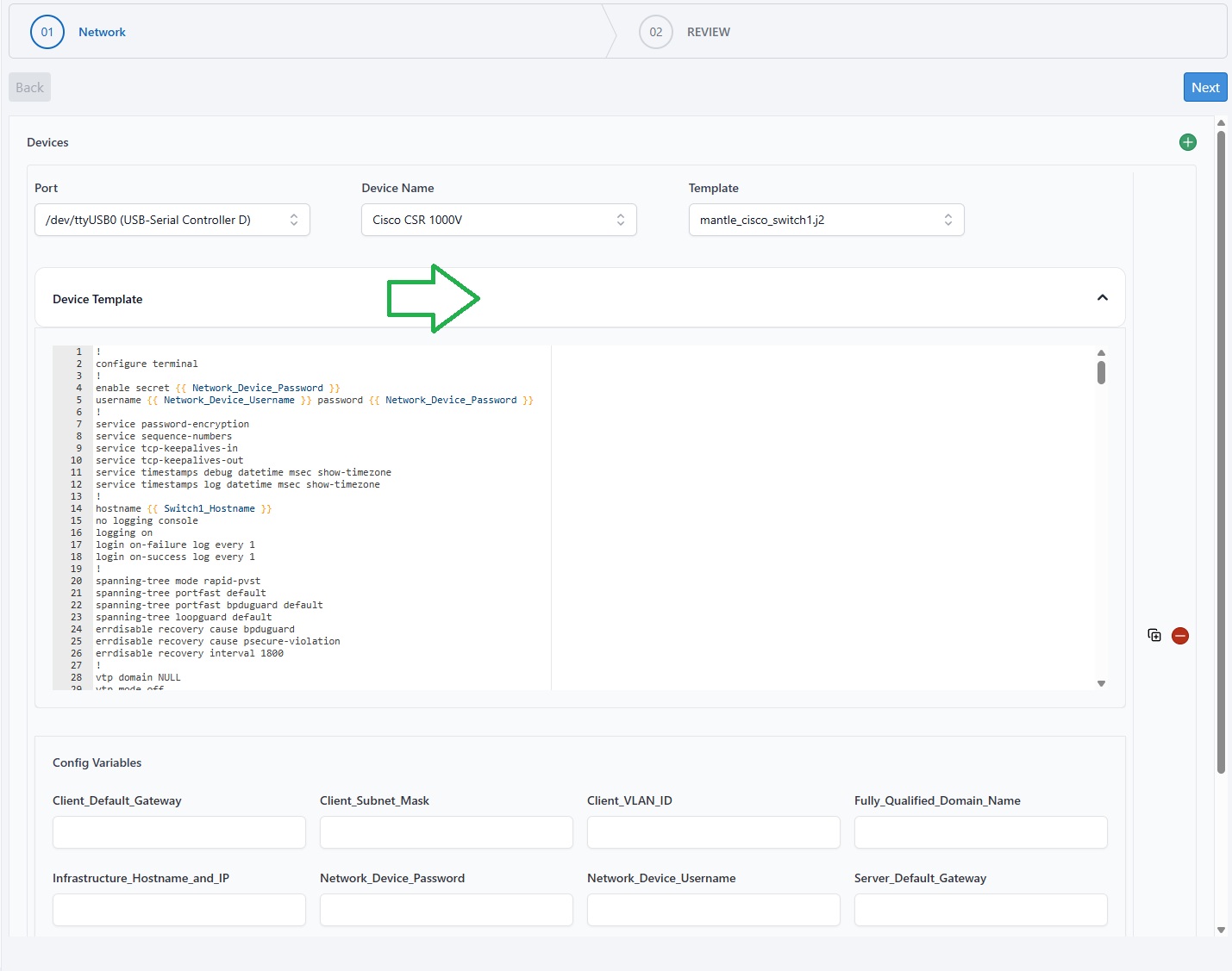 Reviewing the selected device template