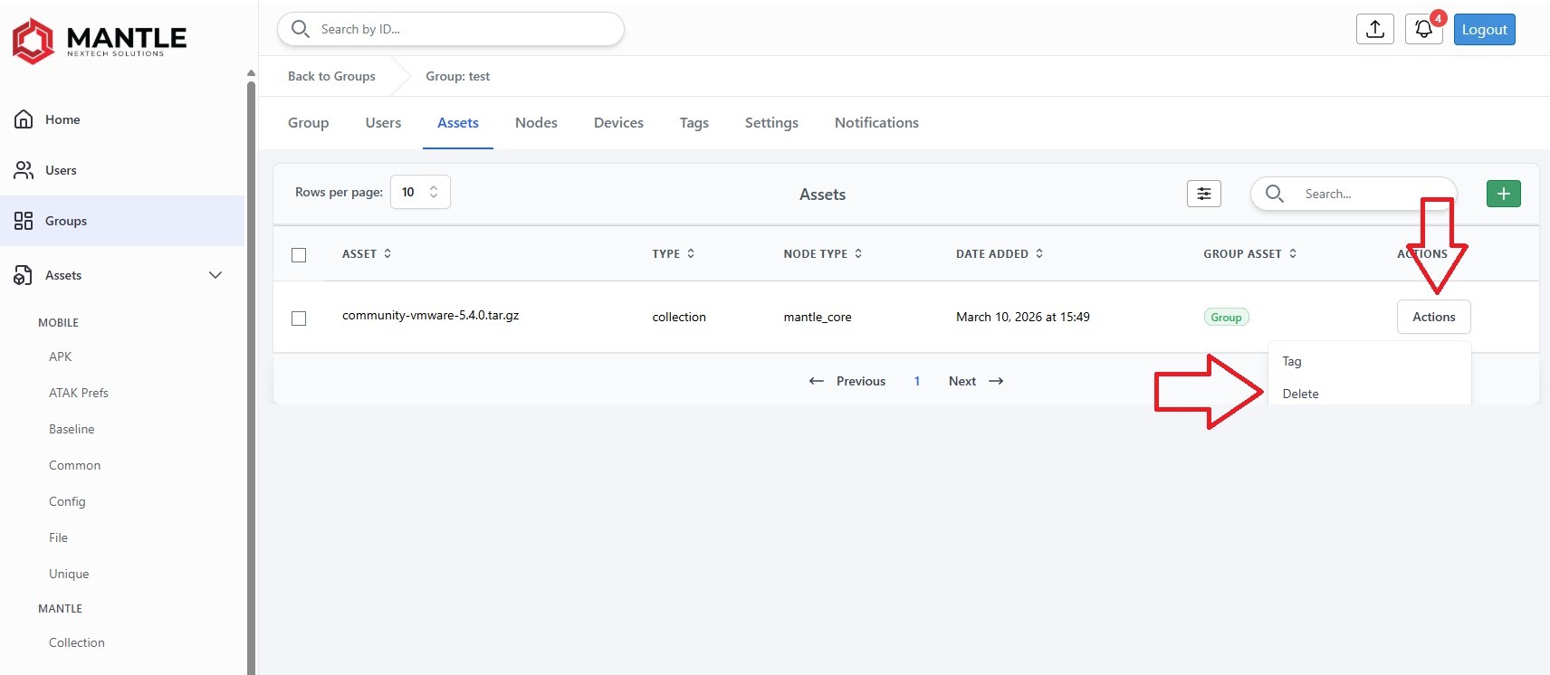 Action menu and delete option