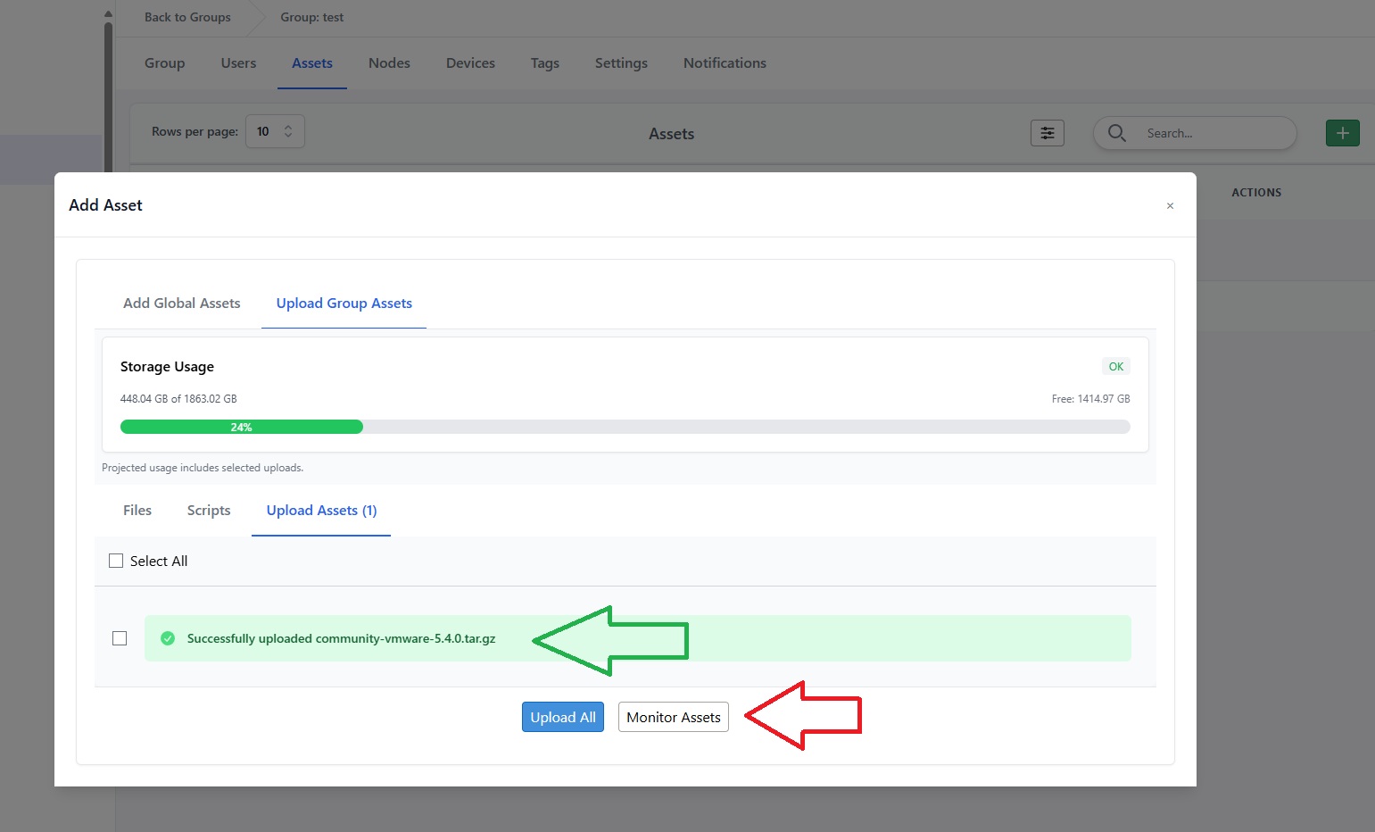 Success and monitor assets button