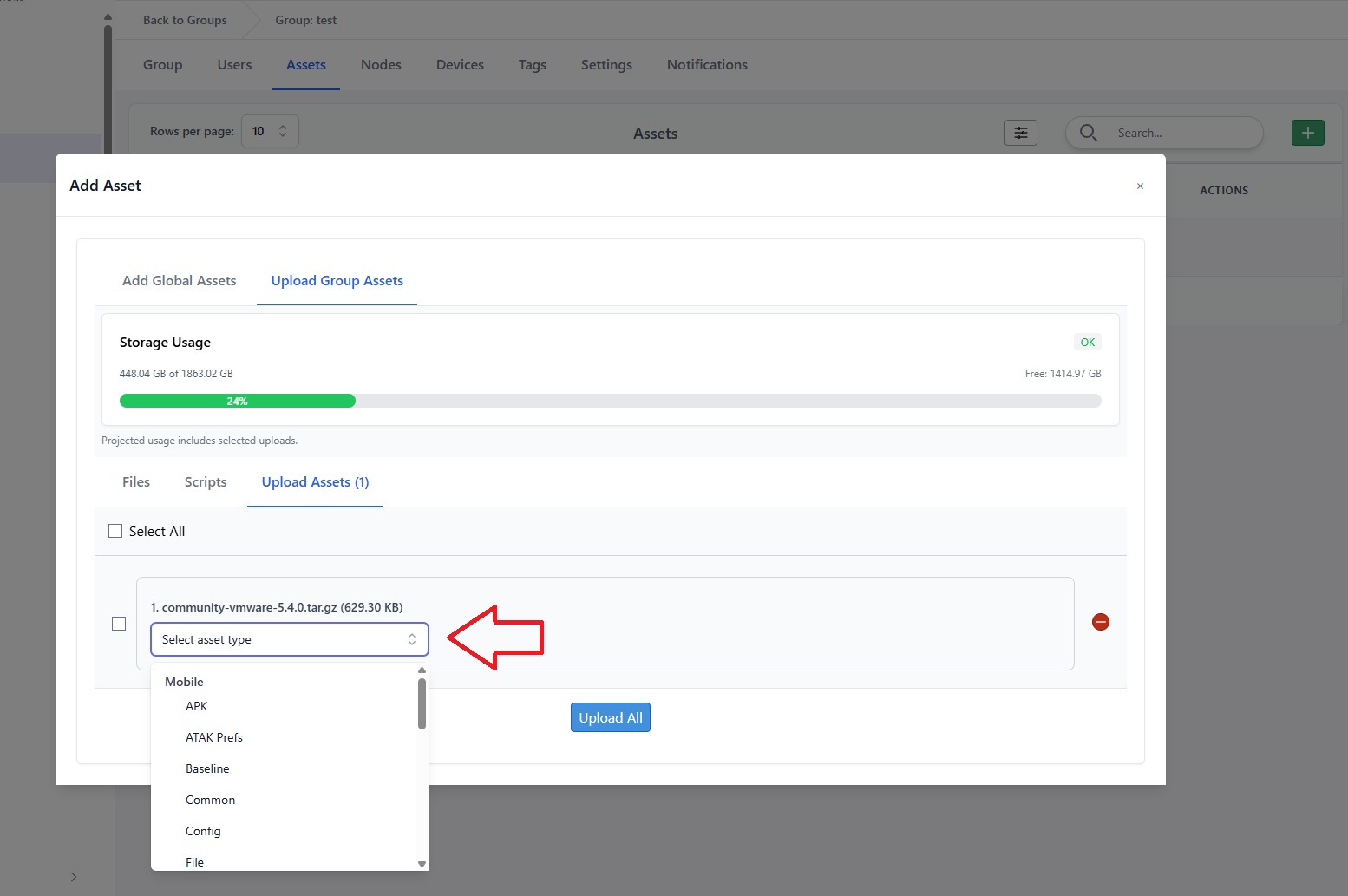Select asset type for group upload