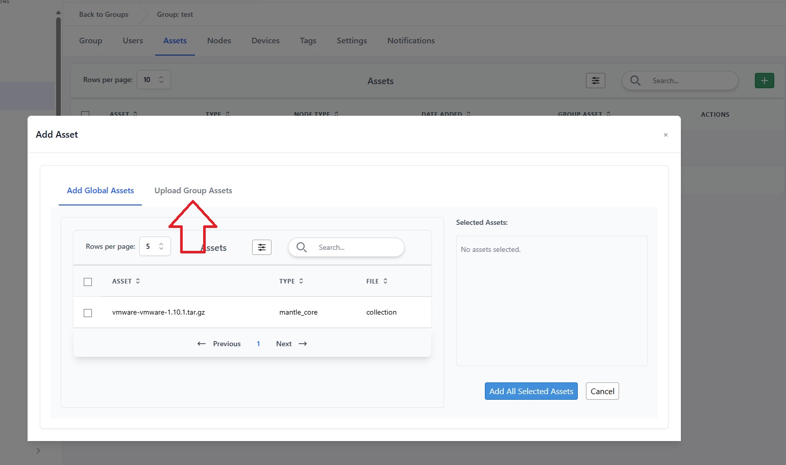 Upload group assets tab