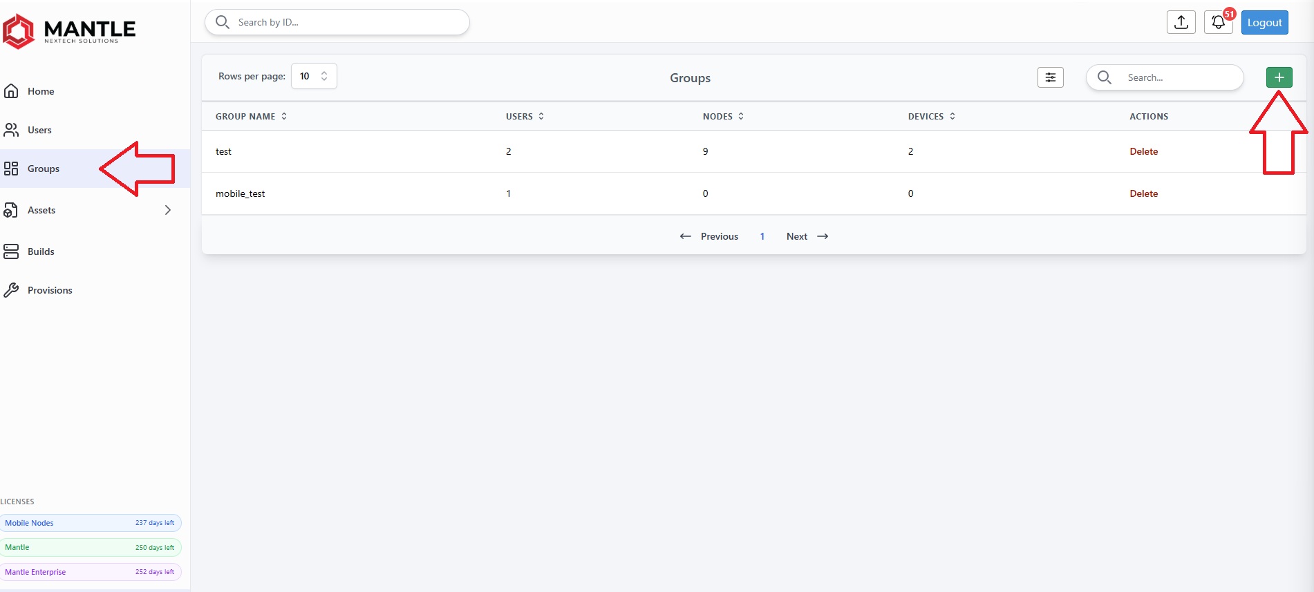 Groups tab and add button