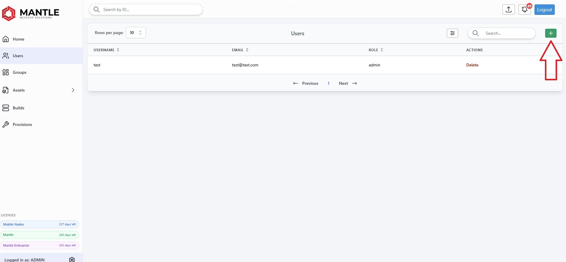 Add User button on the user list