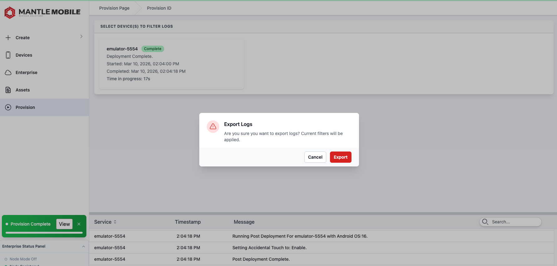 Screenshot placeholder: Export logs action and resulting file-save dialog.